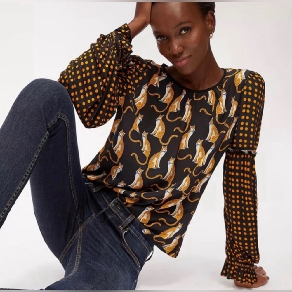 bl-nk Anthropologie Black and Gold Cat-Print Long-Sleeve Blouse